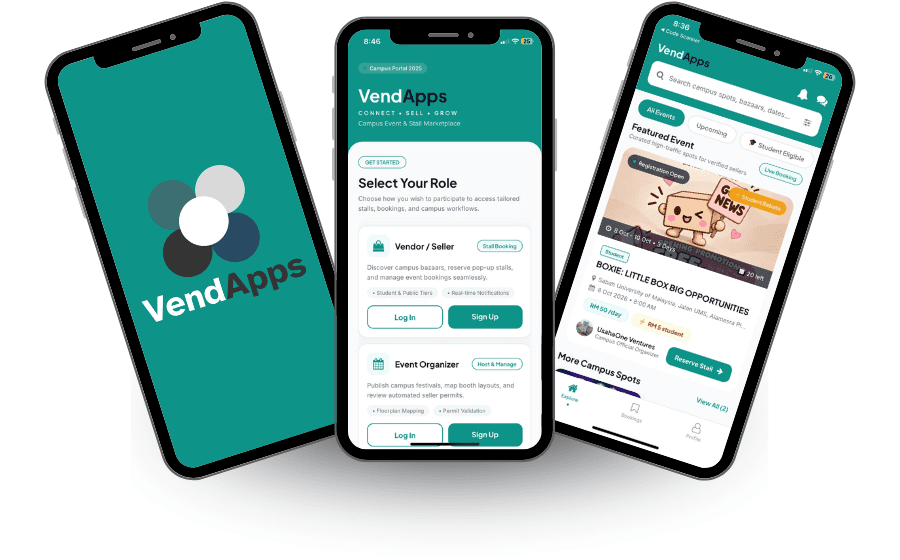 Three phone screens from VendApps: the VendApps welcome screen, a sign-up screen to choose between vendor and event organizer, and a list of campus events with stall prices and slots left